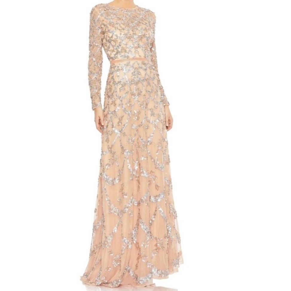 Nwt Mac Duggal Sz 2 Blush Long Sleeve Embellished Sequin Gown 5496